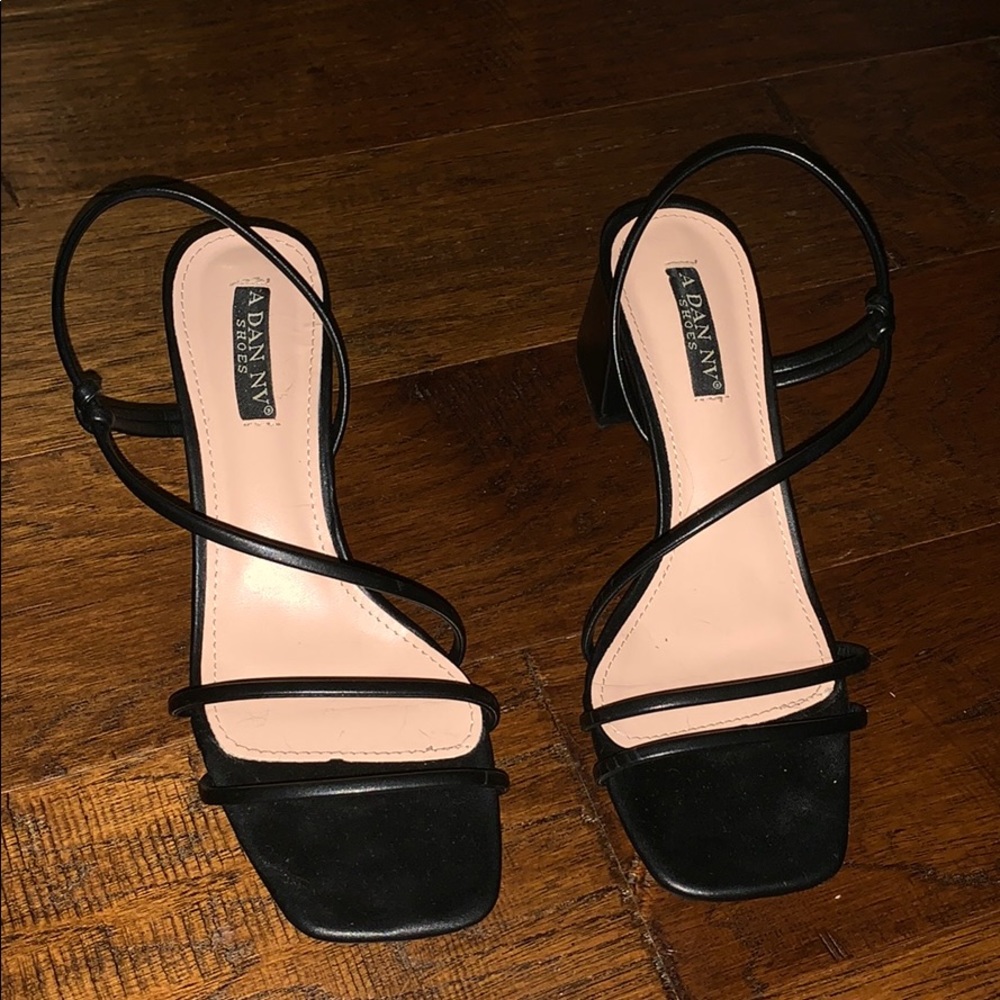Black square toe strappy heels